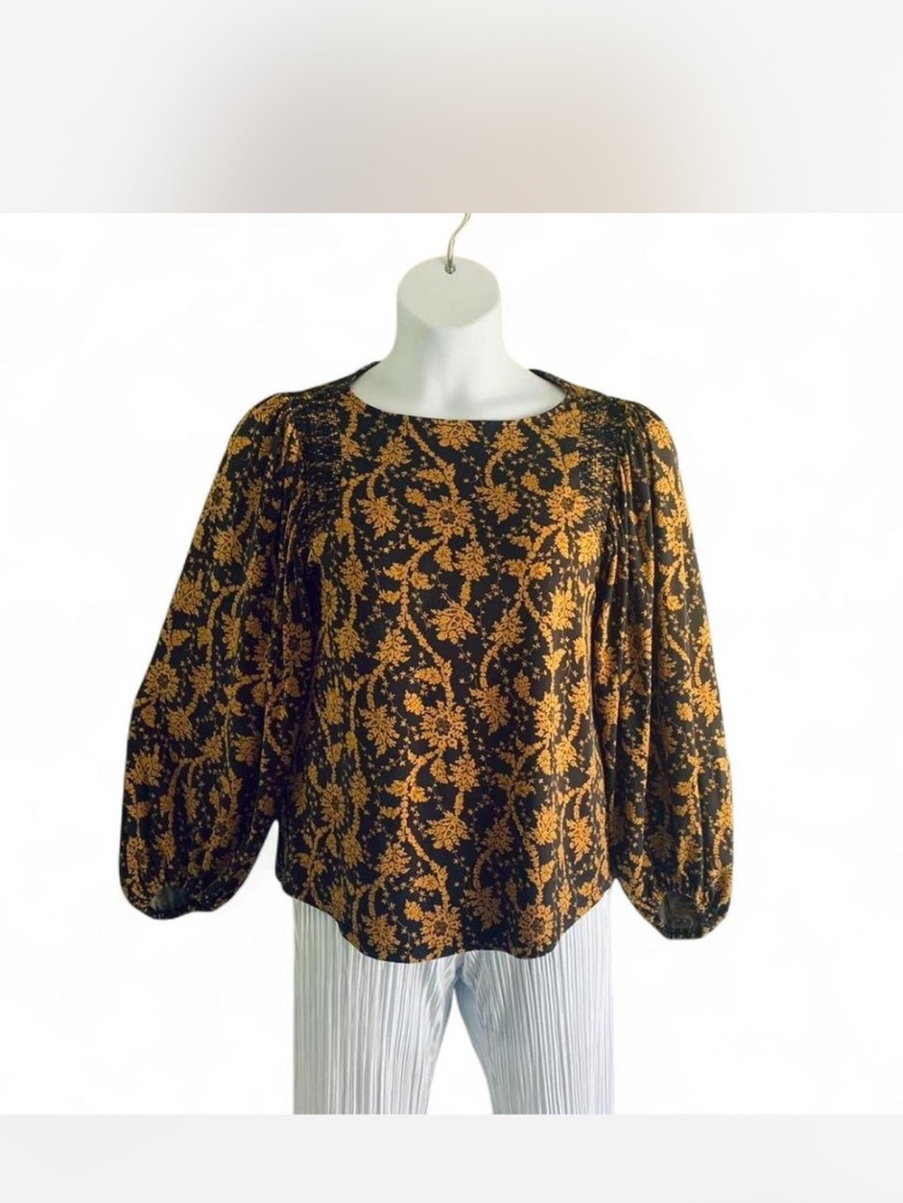 Ann Taylor Black Blouse with Mustard Floral Print and Balloon Sleeves size S